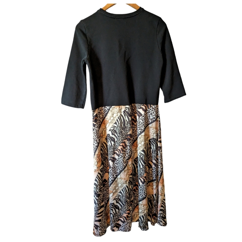 Zara Satin Animal Patch Print Midi Dress Black Brown 3/4 Sleeves A-line Sz M